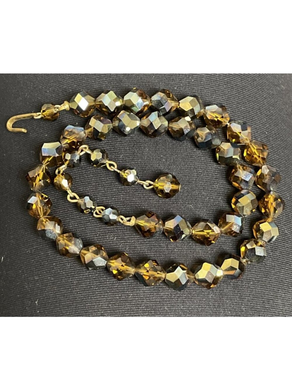 Vtg Sparkly AB Brown Faceted Glass Beaded Necklace Single Strand Hook Closure